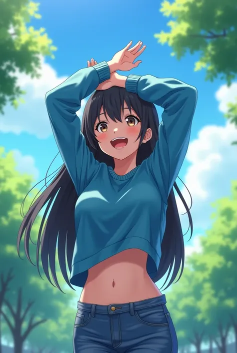 anime girl, young adult, blue sweater, jeans, stretching up, sweater riding up, slightly exposed midriff, stretching, long hair, at the park, happy, stretching, looking away, perspective from below, camera angle looking up from below, closeup of midriff, s...