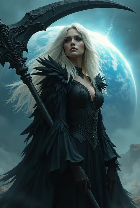   A picture of an adult woman in a Reaper costume  。   she has a scythe bigger than the multiverse compared to Earth。   Shes just a grain of sand for the Earth   。   She has platinum blonde hair   。  She has black feathers on her back  、 a sad and loving s...