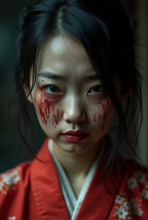   A close-up image of the ghostly face of a vengeful Taiwanese woman.  She wore a luxurious kimono dress in the color long faded red , filled with dirt and bloodstains  .   Her eyes radiated deep anger and sadness  .   The overall atmosphere was dark and t...