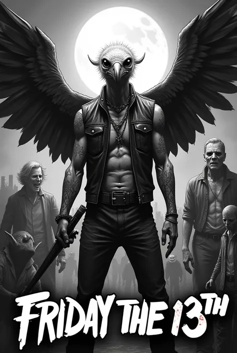   Dark and intimidating black and white illustration of a central character  ,   wearing a leather vest  ,   with the face of the avenue vulture with a bird-beaked vulture and tattoos on the arms , with wings right side of angel and left side with demon wi...