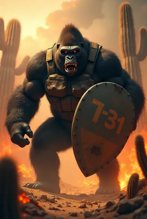 Angry red-eyed gorilla wearing bulletproof vest holding a shield written T-31 amidst fire and cacti