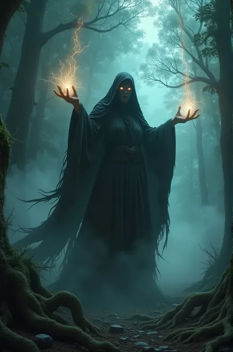 A witch in a dark forest evoking powers with rays and a dark atmosphere