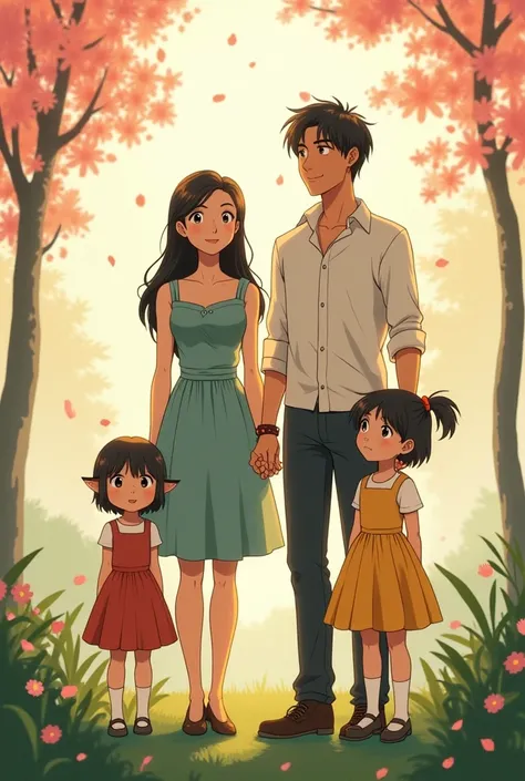  good family 。cool father 、Beautiful Mother、 cute boy、 cute girl。 Family Photos。Ghibli style。