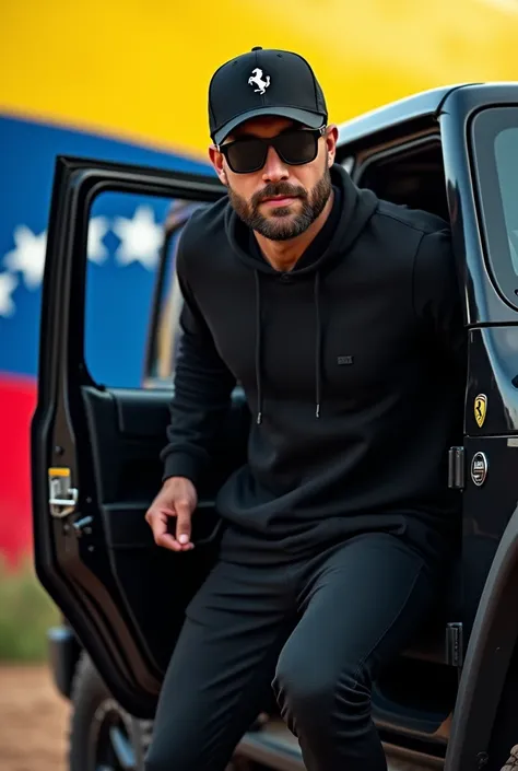  27-year-old young man  , with a beard not so long and with a wide build , all dressed in black wearing a black Rubicon jeep van  ,  van with a black Ferrari cap and sunglasses and that comes out full body and the Venezuelan flag in the background.