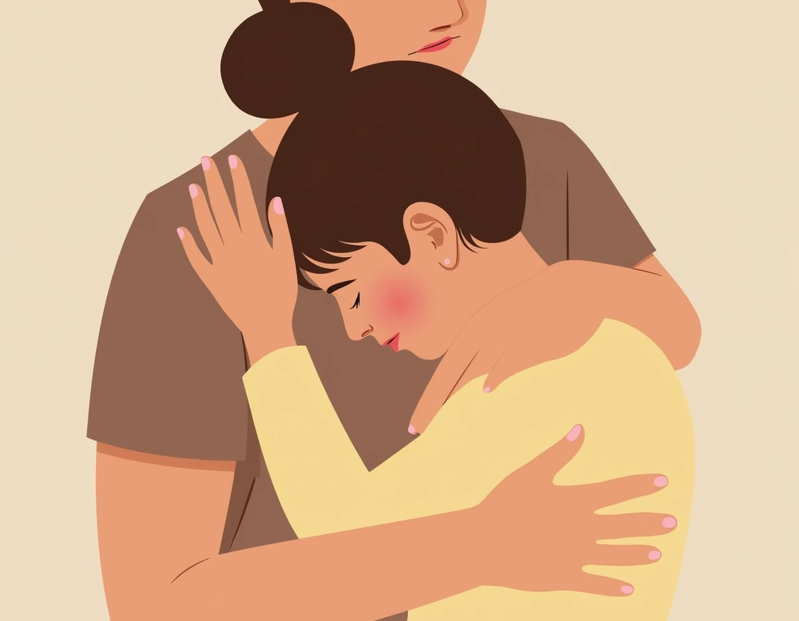 Two people embrace in a tender moment. A woman with brown hair tied back in a bun, wearing a pastel yellow blouse, appears comforted or relieved as she receives the embrace. The man, wearing a brown t-shirt, is partially visible, with only his arm and part...