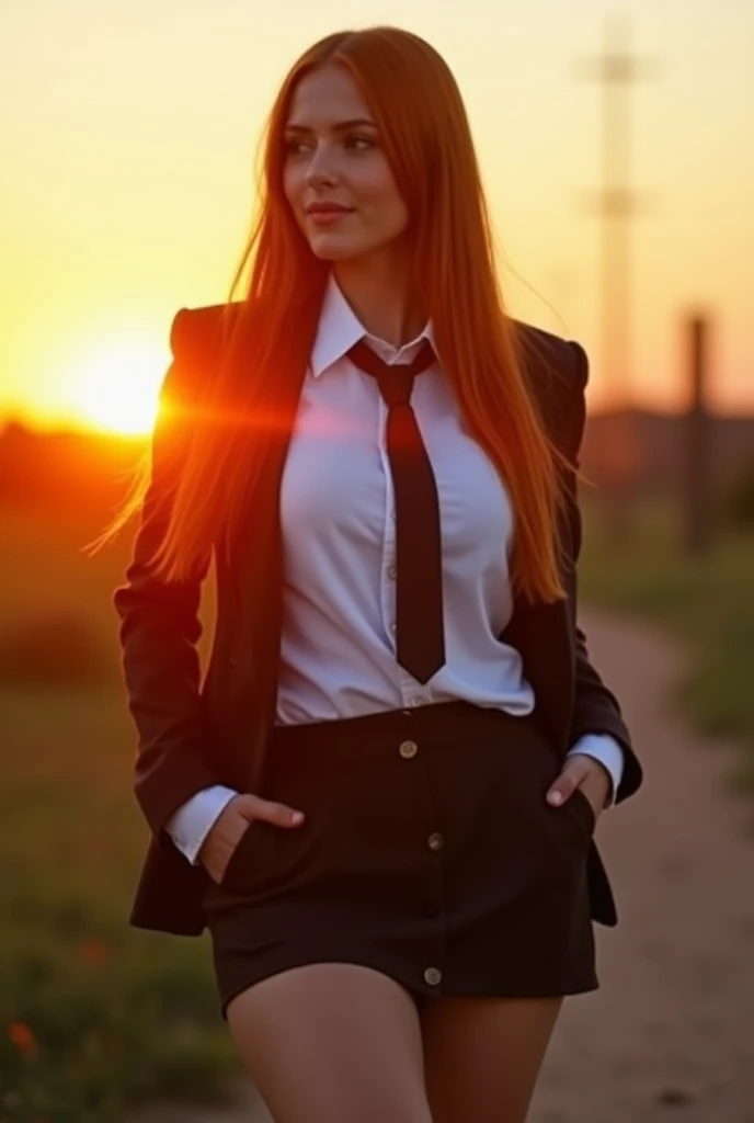 Sexy girl long straight ginger hair big breasts and extremely sexy plump round ass in a white shirt tie blazer extra short skirt revealing her ass she is looking into a sunset away from you her ass is visible beneath her skirt smiling 