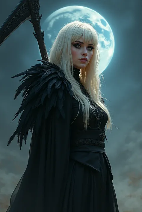   A picture of an adult woman in a Reaper costume  。   she has a scythe bigger than the multiverse compared to Earth。   Shes just a grain of sand for the Earth   。   She has platinum blonde hair   。  She has black feathers on her back  、 a sad and loving s...