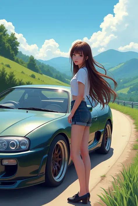 1 ,  long brown hair , ( full body) with short clothes,  on the side of a sports car (Supra mk4), in the background a landscape , anime