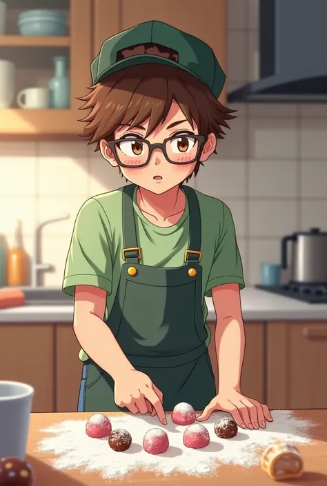 I want a male teenager he has short brown hair he is wearing glasses he has fair skin he is wearing a cap a green shirt jeans and shoes he is wearing an apron and he is cooking candies in a kitchen he is covered in flour and his cheeks are flushed I want t...