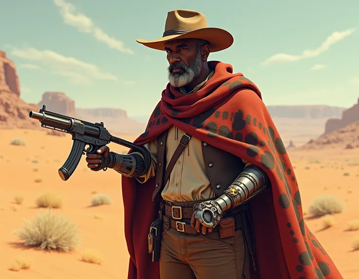  The image of a desert character,Crazy desert inventor , 35-year-old black man , with cowboy clothes from the 1920s ,  with a mechanical arm holding a precision gun,  reference steam punk technology .  using a poncho with afro print in the colors red and b...