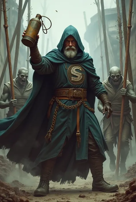 Wizard with S sewn into his cloak, grenade in hand, with zombies impaled behind him