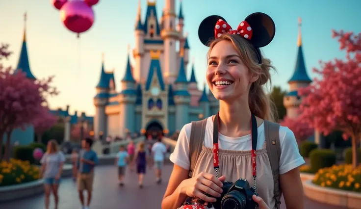  Create a highly detailed and vibrant image of a person experiencing the magic of Disney .  The scene features a cheerful individual standing in front of Cinderella Castle ,  who is beautifully illuminated with bright lights and surrounded by colorful flow...