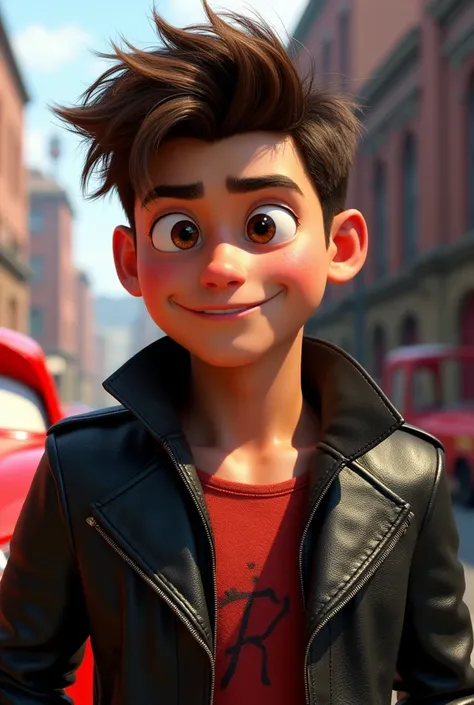 Lighting McQueen but with a tupe and a leather jacket