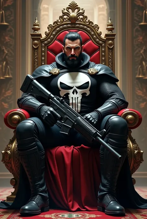 DRAWING OF A TURKISH SUPERHERO AVATAR INSPIRED BY THE PUNISHER MAY THE KING HAVE A GUN IN HIS HAND ON HIS THRONE AND WRITE PUNISHER ON THE BACK