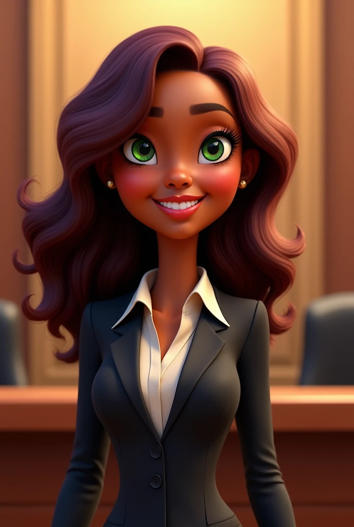  Disney Pixar-style cartoon of a lawyer smiling dark skin , big green eyes,  Long eyelashes, loose hair with waves and long burgundy color dressed in a lawyers suit black jacket , in court  