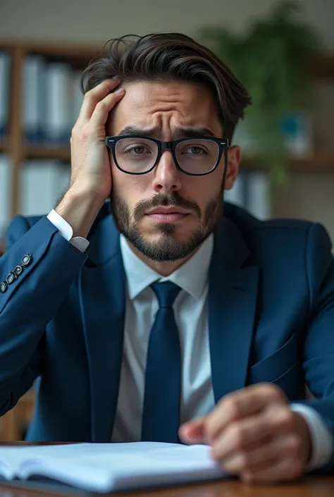 Imagine a leader full of work that prevents him from making a strategy that wears handsome glasses in a blue suit in an office one hand on his desk and tired with his tie loose and his shirt half open but with a lot of pressure