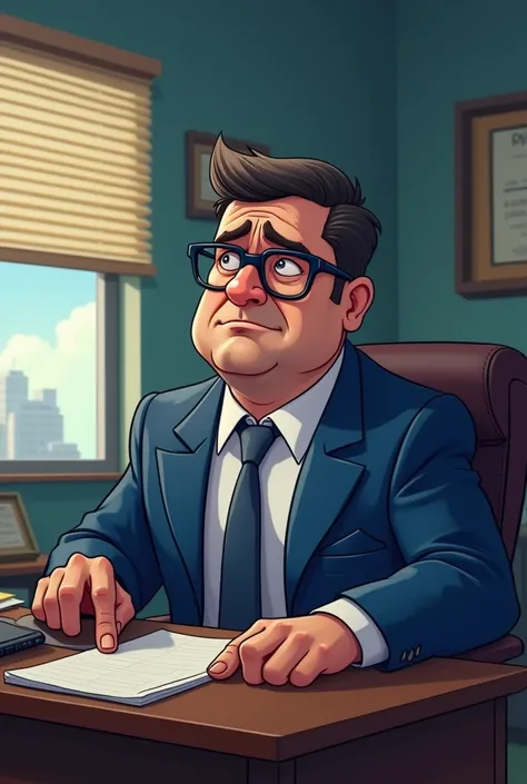 Imagine a leader full of work that prevents him from making a strategy that wears handsome glasses in a blue suit in an office one hand on his desk and tired with his tie loose and his shirt half open but with a lot of pressure but a Marvel cartoon