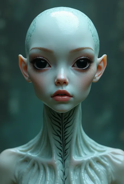 Humanoid woman with fish features, no human nose, gills on the neck, hairless head and body, pristine skin a bit like fish scales and big eyes all black colored