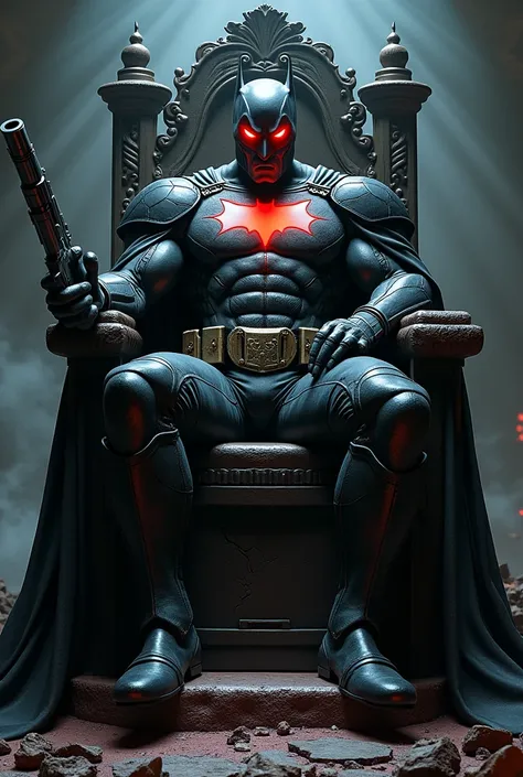 COMBINE BATMAN AND THE PUNISHER LET THE KING SIT ON HIS THRONE HIS EYES ARE RED HAVE A GUN IN THEIR HANDS and +18