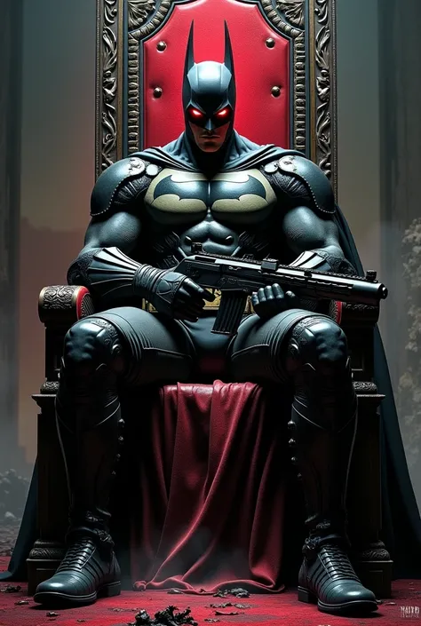 COMBINE BATMAN AND THE PUNISHER LET THE KING SIT ON HIS THRONE HIS EYES ARE RED HAVE A GUN IN THEIR HANDS and +18