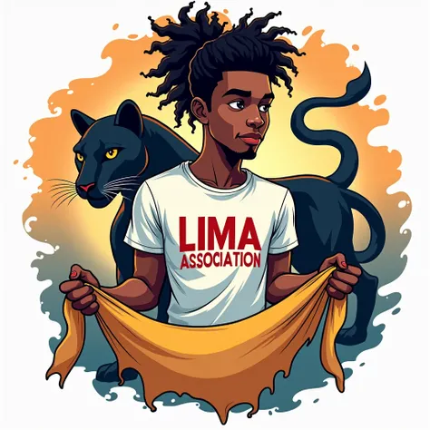  Logo with a dragon circling a young black man with long curly hair tied in a tall bun .  The person is wearing a t-shirt printed with the words Lima Association written in a flashy and stylish font. , holding with both hands a large huge cloth printed wit...