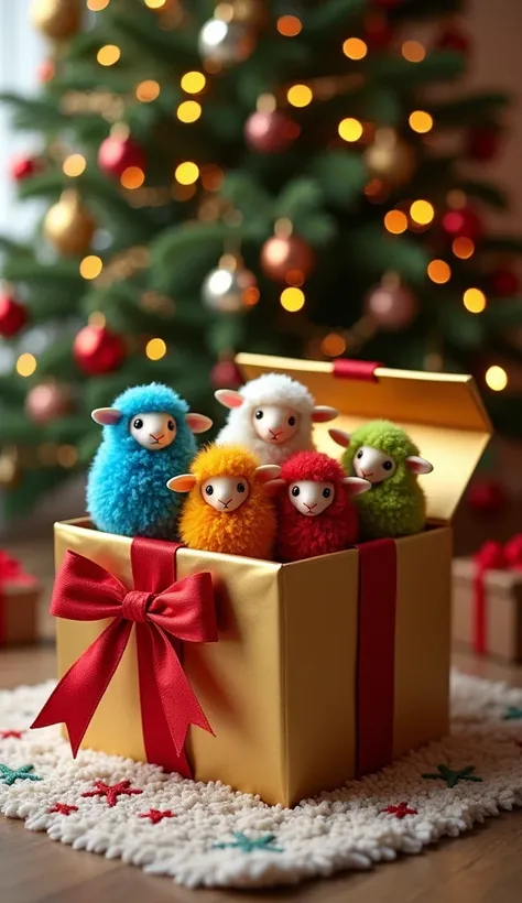  A Christmas gift box extremely realistic ,  made of shiny gold paper with a large, detailed red ribbon on top , Its open,  revealing several adorable mini sheep coming out from inside .  The sheep are fluffy and soft ,  vibrant, dense fur in Christmas col...