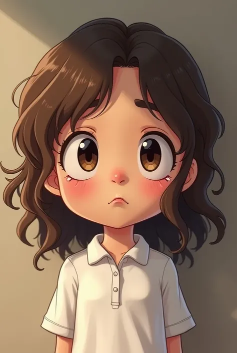 A VERY FAT 16-year-old girl with brown hair , dark , long and wavy black eyes , big ,expressive.  
  oval face with small nose and big mouth loose clothing, White polo crying and talking with his slender mother . in animated 