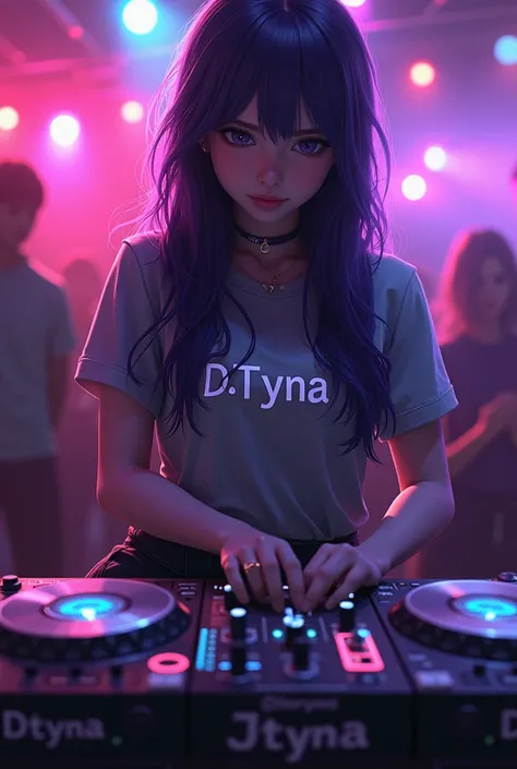  A dj girl sitting next to a dj console in the disco dressed in a t-shirt and shorts with long dark purple hair, and on her shirt it says DJ Tyna , as realistic as possible  