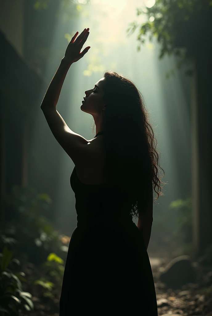 silhouette of a woman seen from behind, looking upward, one hand extended upward, detailed portrait, photorealistic, cinematic lighting, dramatic lighting, dramatic atmosphere, high quality, 4k, detailed background, beautiful detailed hair.