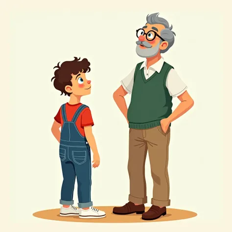 they both are looking up at the sky
. In the foreground, Ezra stands beside Grandpa. showing their backs Ezra has soft, curly brown hair, wide brown eyes, a bright red T-shirt, blue denim overalls with a front pocket, and scuffed white sneakers. Grandpa, w...