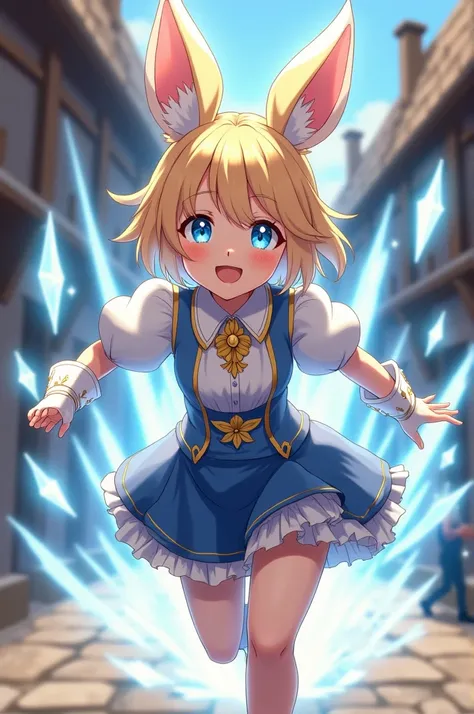 an anime-style character, young and happy, with short blonde hair, cut in a bob style that frames the face in a delicate way. her eyes are large and light blue, with an intense glow that reinforces her confident and mischievous expression. she has large, f...