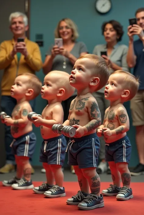  Four adorable baby boys in cute gym clothes ,  like sleeveless t-shirts ,  sports shorts and tiny sneakers .  Each baby has realistic tattoos on legs ,  arms and hands ,  combining designs of 80s rock groups  (like AC /DC,  Queen and Guns N Roses )  with ...