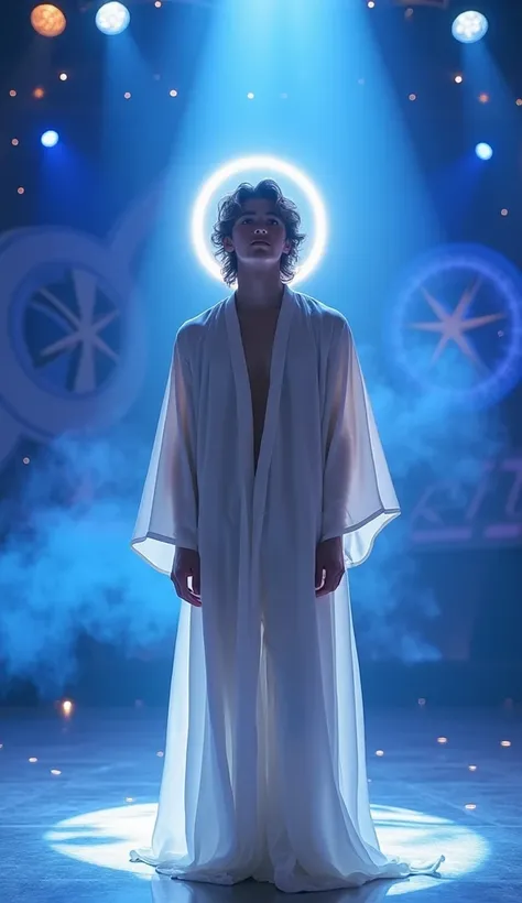 A young man, approximately 18 years old, standing confidently on a stage resembling the iconic "Got Talent" set. A glowing halo hovers above his head, radiating a soft, divine light. The young man has a serene yet radiant presence, with shoulder-length, wa...