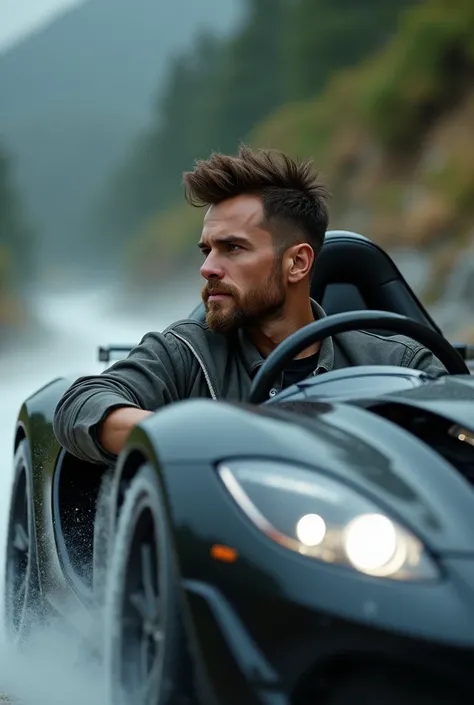  man with a not so long beard , de letes ,  short hair sitting in a Japanese sports car in a side view while on the road 