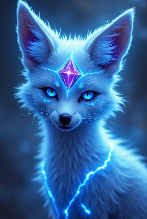 " A luminous electric ghost fox with bright blue eyes surrounded by powerful rays and crackling electricity, against a dark and stormy background , on her forehead a gemstone that contains rays(purple color)"
