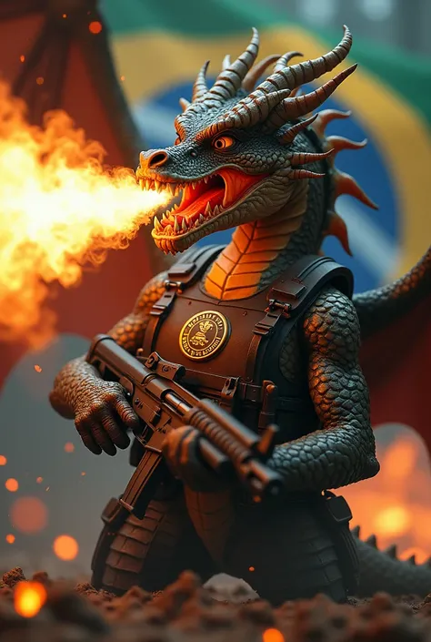 Powerful dragon , spitting fire, 8k photo, in action,  photo,  flag of Pernambuco behind ,  dragon in a bulletproof vest holding a gun with the symbol of the Pernambuco military police on the chest of the vest