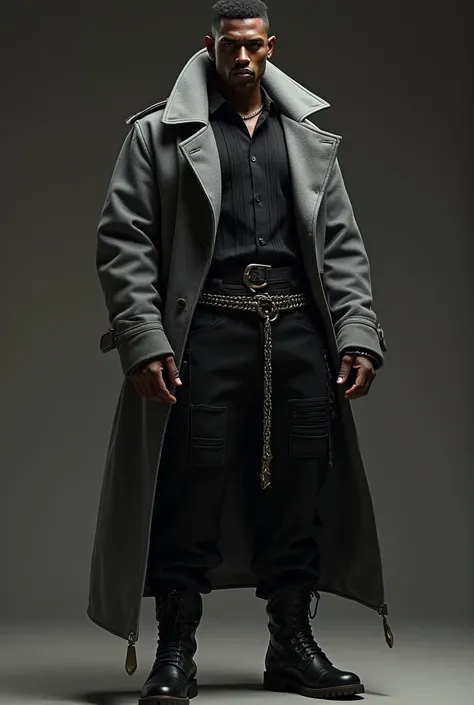 Make a dark-skinned man short hair with a black striped shirt, black pants with a tied chain and boots with a gray overcoat on top 

