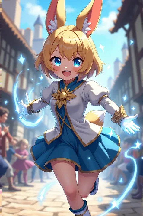 an anime-style character, young and happy, with short blonde hair, cut in a bob style that frames the face in a delicate way. her eyes are large and light blue, with an intense glow that reinforces her confident and mischievous expression. she has large, f...