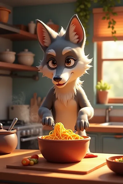 Wolf cooking noodles animated