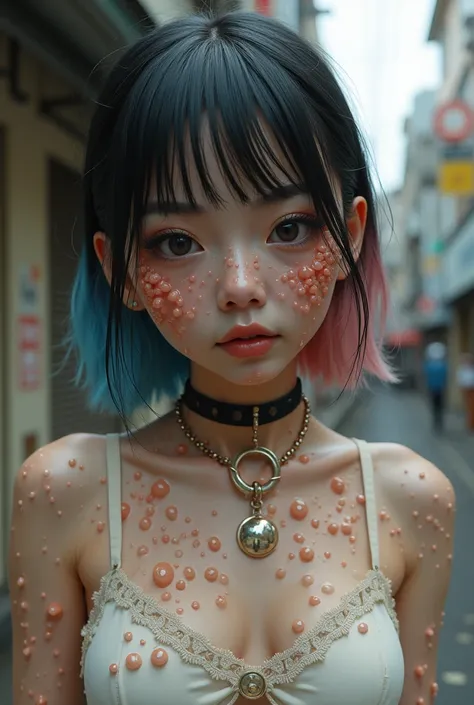  Japanese Gal 、 has lots of oily pimples on her face and body、Pus-like clear skin small pimples 、Her skin causes tritophobia