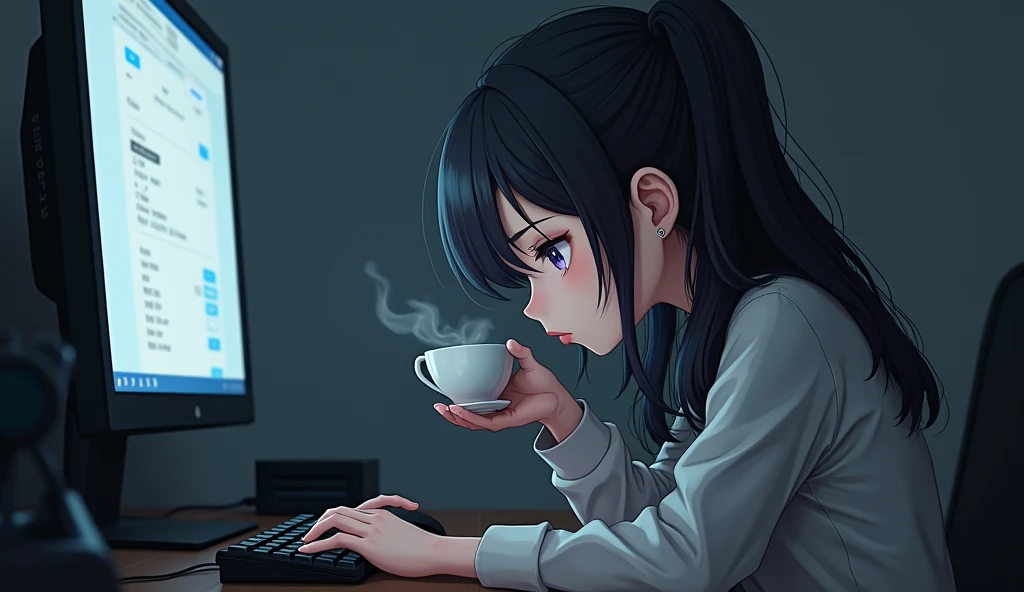 anime girl drinks tea at the computer with a tired look and circles under her eyes and plays the PC game Dota 2