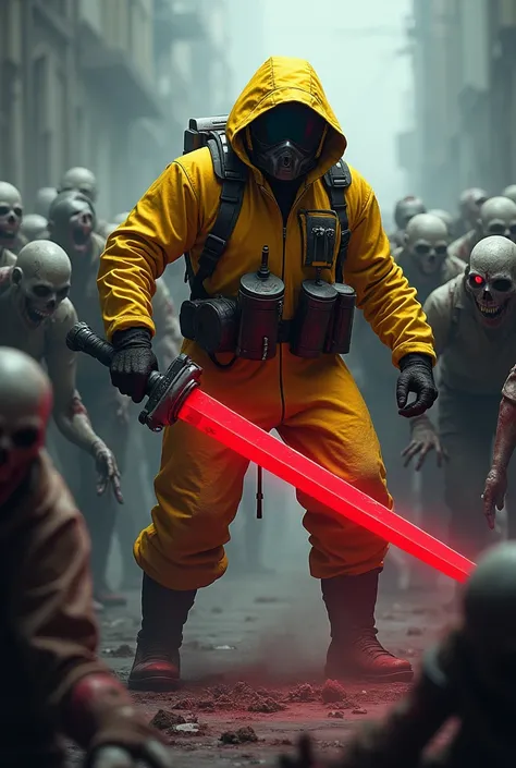 Make a thumbnail for YouTube with gray zombies ,a human wearing a yellow gas suit and a big red sword in his hands focused on the game Bloodstrike 