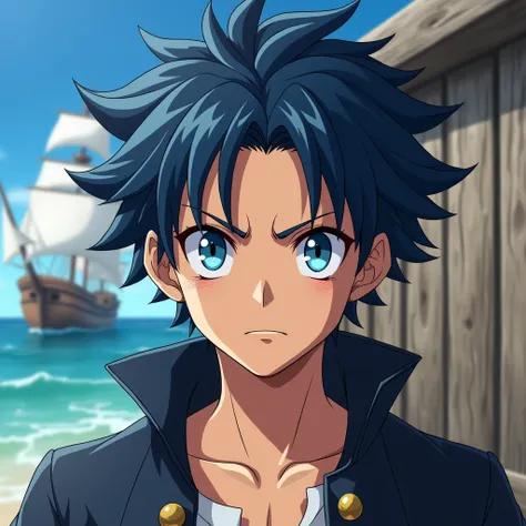 Young pirate man .  Dark blue hair and light blue eyes.  serious expression . anime version