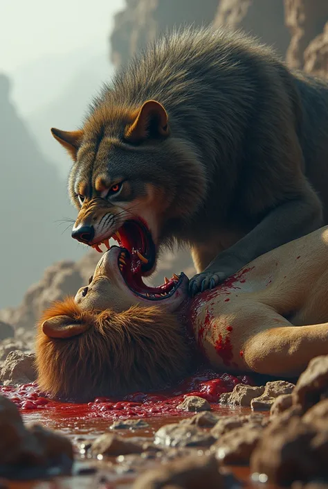 Wolf cruelly eating a lion