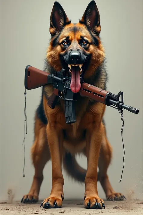  Create the image of a German shepherd with a lot of hate, drooling and growling while holding a rifle 