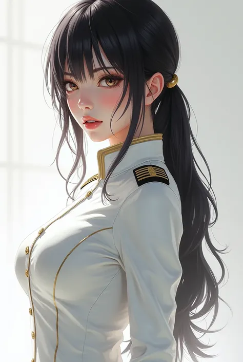 Create a beautiful female Japanese sexy character with the white military Uniform