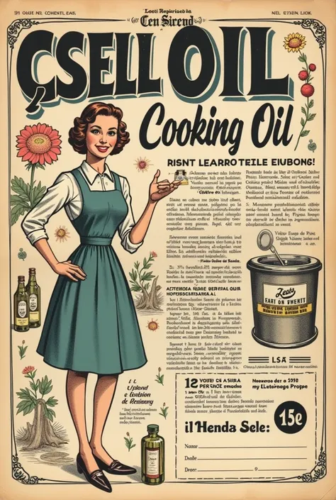 Create an advertisement like the 1950s  ( with drawings that used to be from that era, take the form of a drawing ) And make it in the newspaper and say that you buy your burnt used vegetable cooking oil 
In Spanish the letters y that ask for information t...