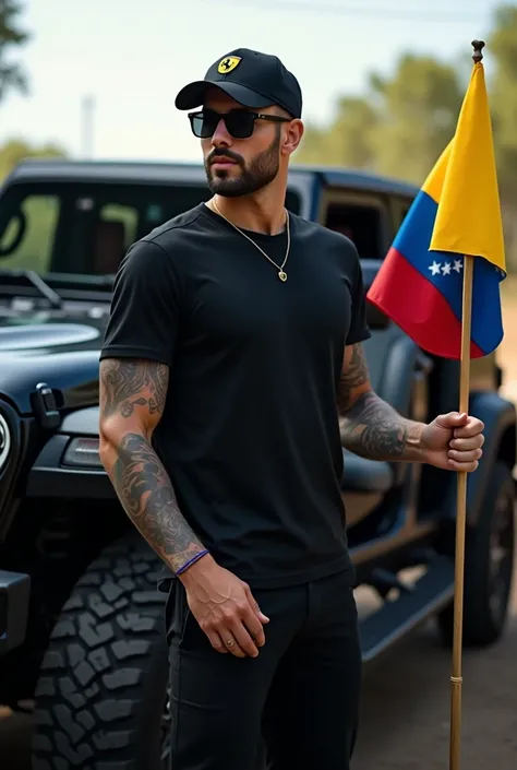  Young man of 27 years young white and padded , high  ,  with a beard not so long and his left arm tattooed ,all dressed in black with a black 4x4 JEEP  ,  with a black Ferrari cap and sunglasses and who comes out full body and with the Venezuelan flag.