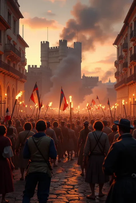 A hyper-realistic scene that captures the essence of the French Revolution, set in 1789. In the centre, a passionate crowd of men and women in period costumes hold torches and tricolour flags as they march towards the Bastille, depicted as an imposing, par...