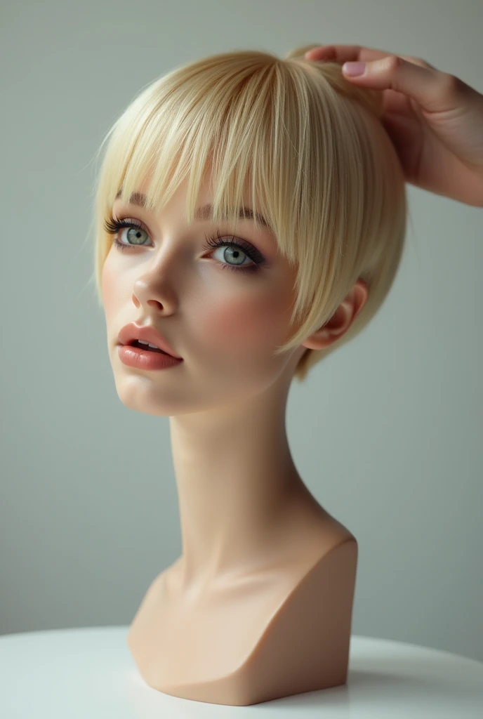 decapitated woman head on table, side view, look straight, beautiful straight thick smooth silky highlighted blonde pixie hair with bangs, long thin neck, eyes open, mouth open, hand caresses hair, light background,